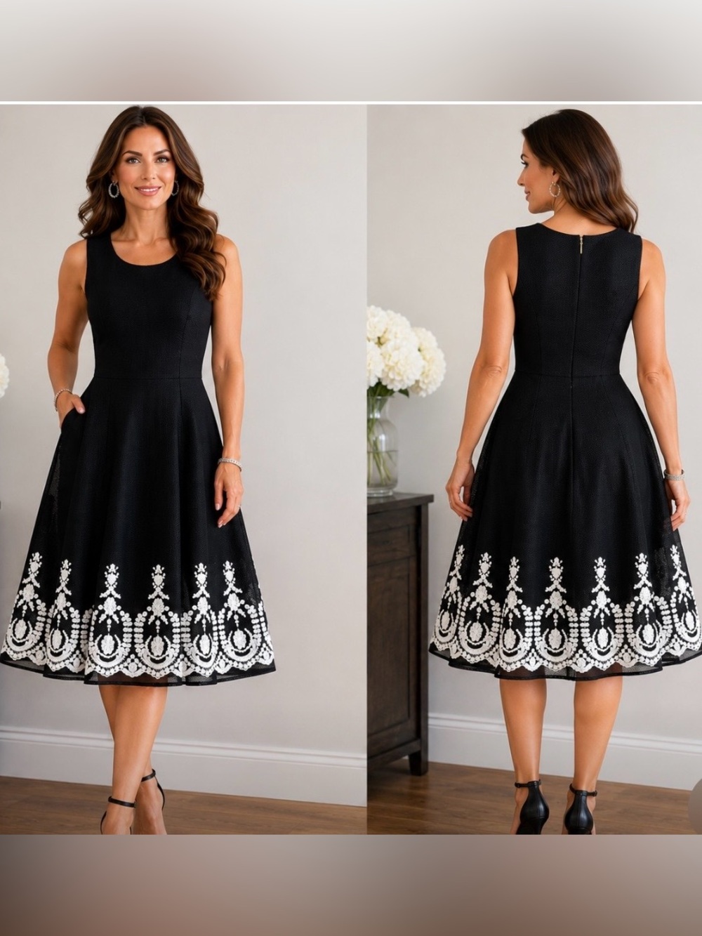 🖤 DKNY Black Fit & Flare Embroidered Dress – Size 10
